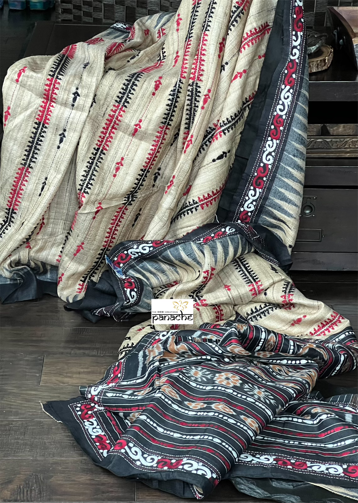 Pure Tussar Gicha Silk Kantha Stitch -  Beige Black