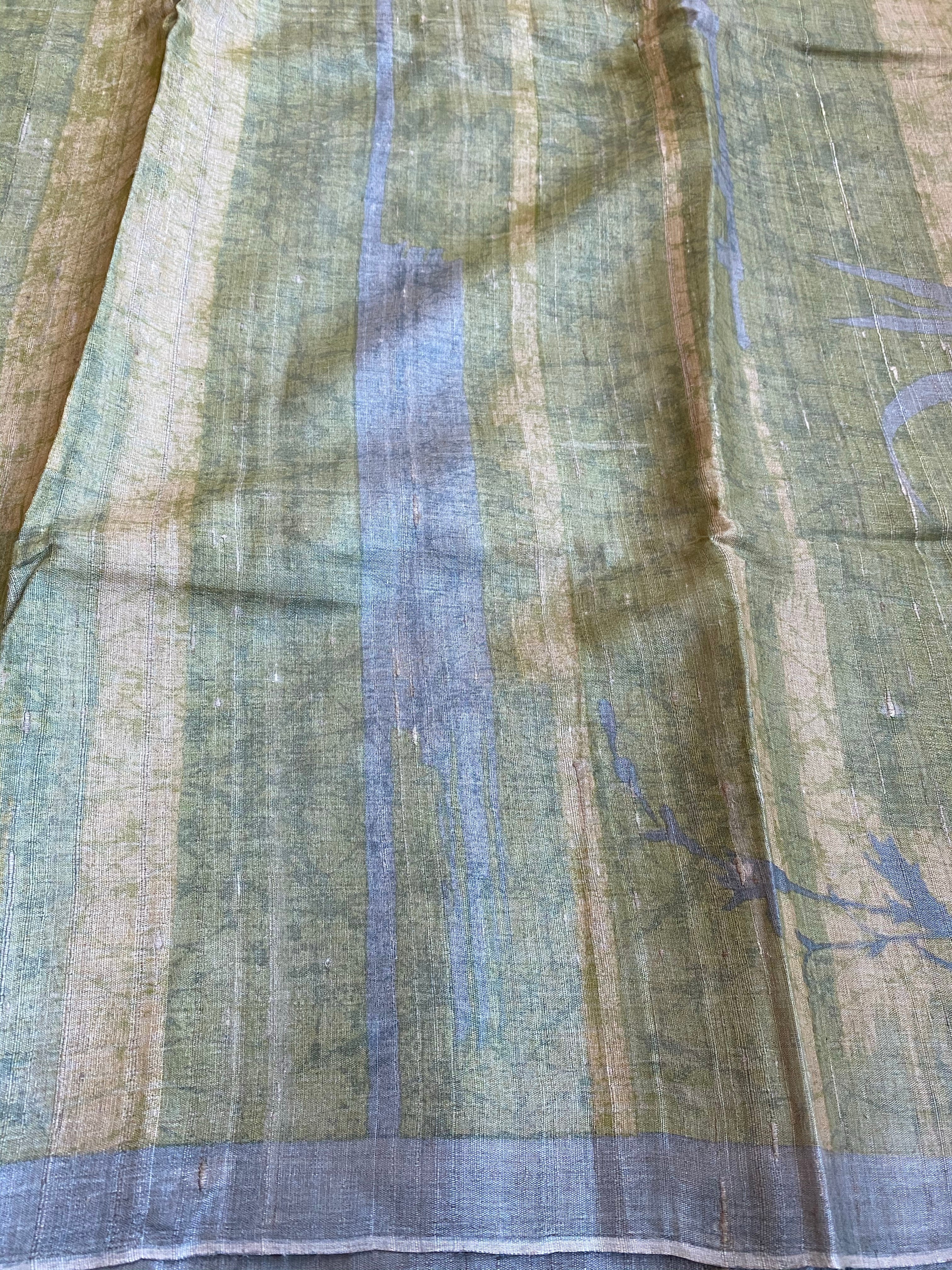 Pure Tussar Silk - Grey Pista Green Printed