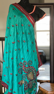 Designer Tussar Gicha Silk - Teal Green Peacock embroidered