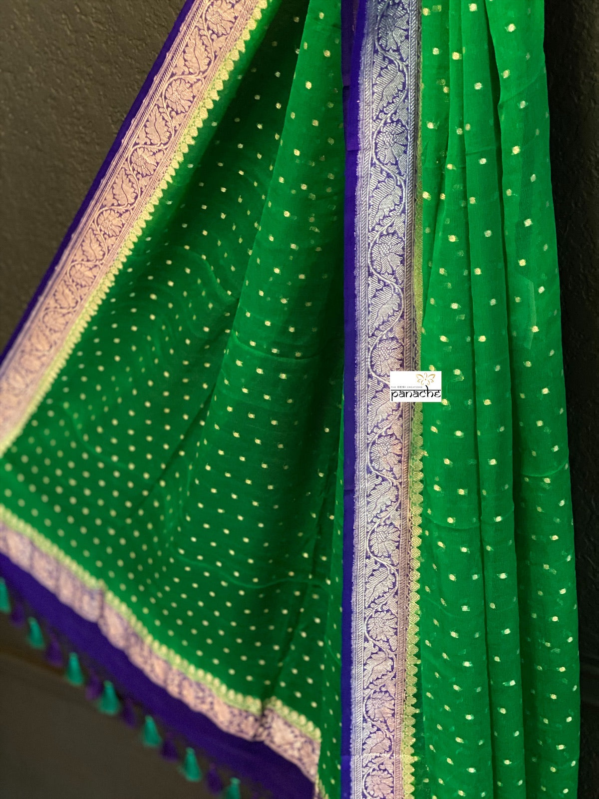 Pure Georgette Banarasi Dupatta - Green Purple Silver Zari
