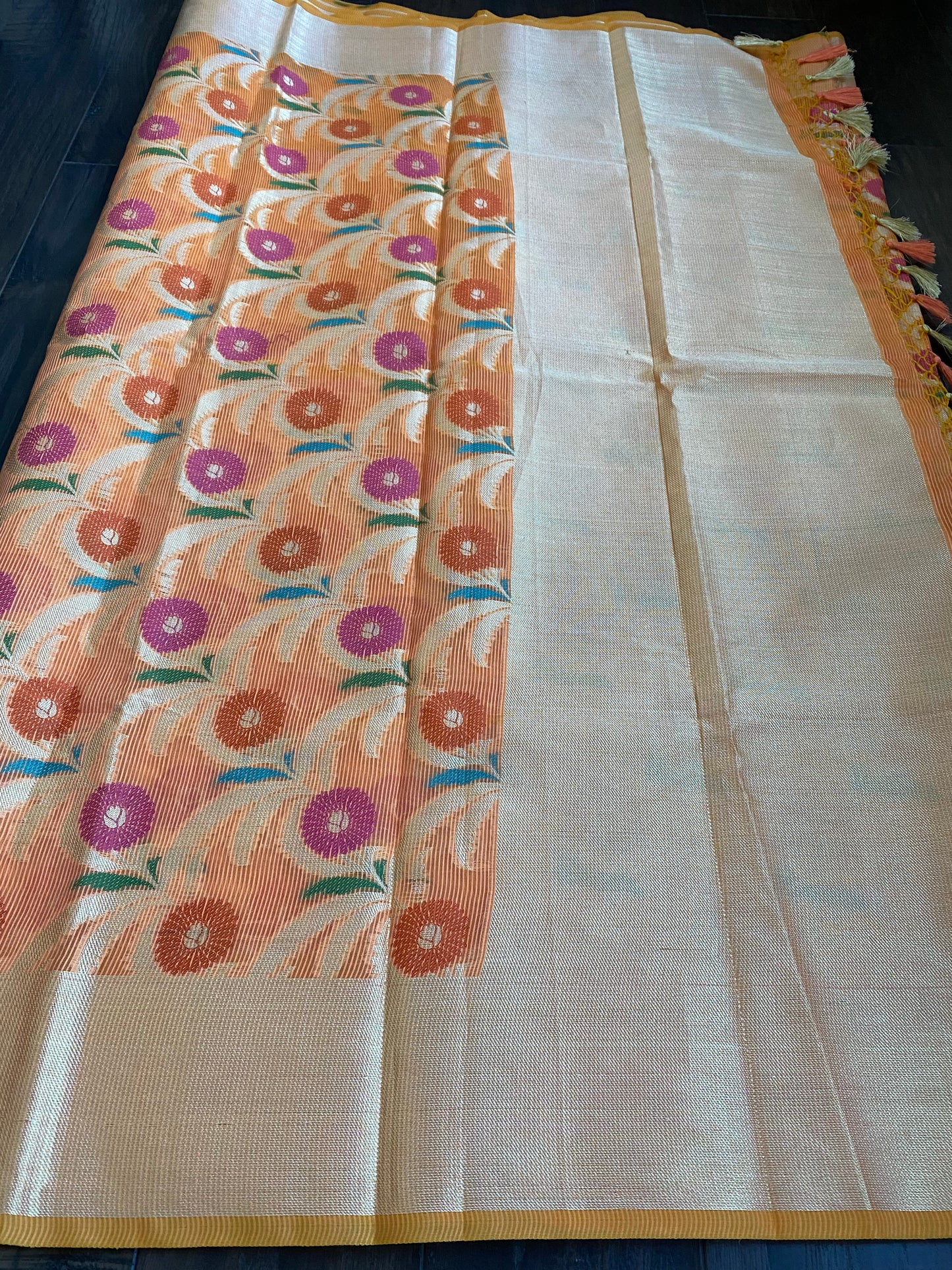 Kora Cotton Silk Saree - Tangerine Meenakari