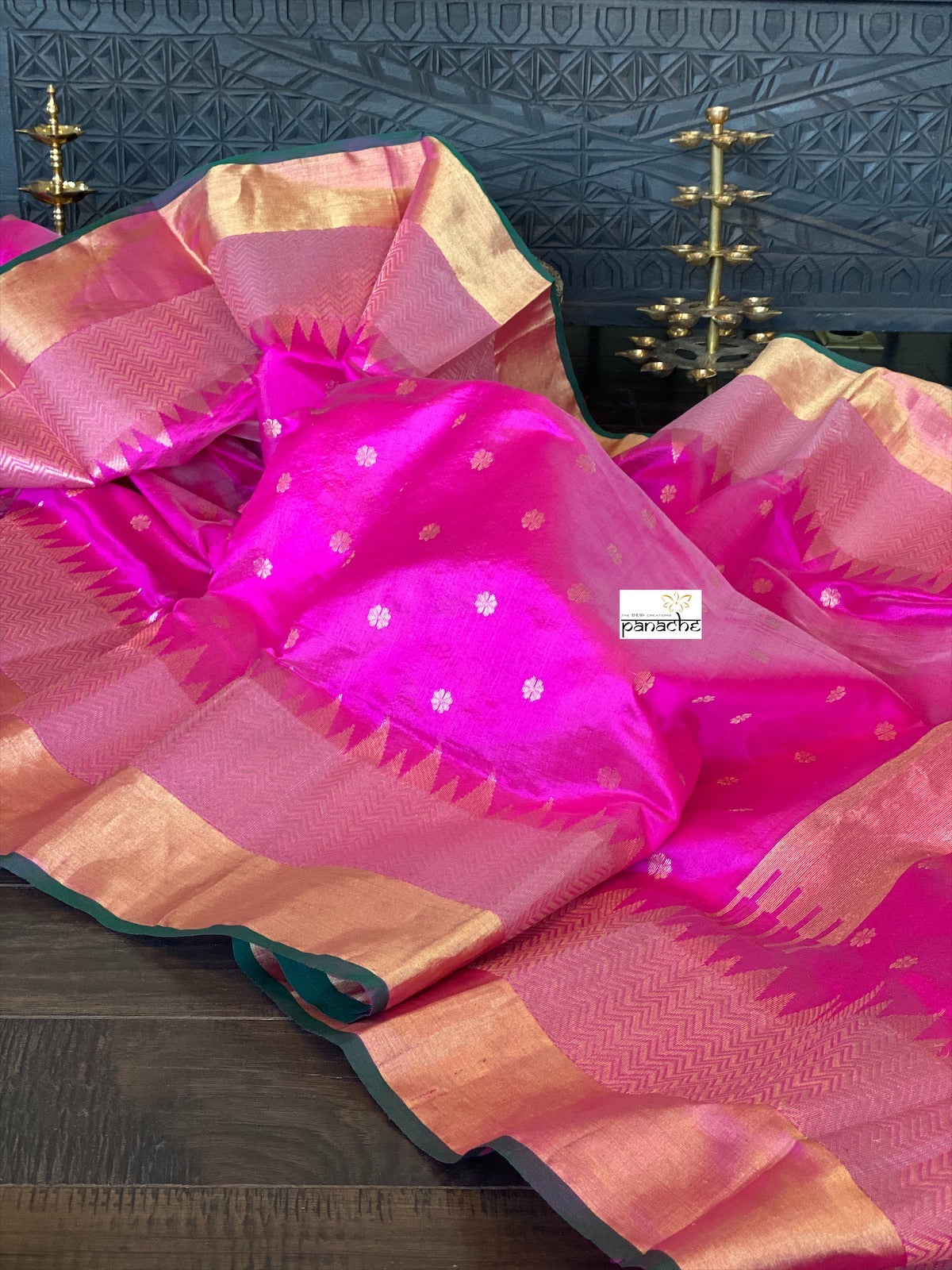 Pure Chanderi Pattu Silk - Magenta Pink Green Golden Silver Zari Woven