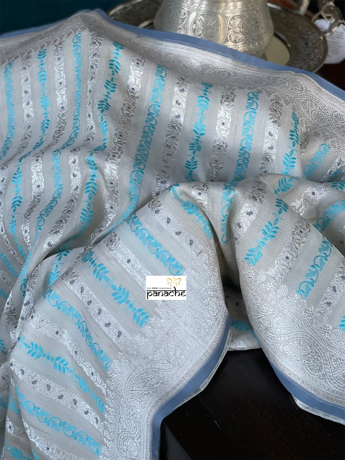 Khaddi Tussar Banarasi -  Off-White Grey Firozi