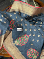 Tussar Silk Banarasi - Black Red Meenakari