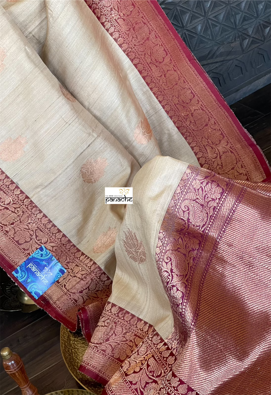 Pure Tussar Silk Banarasi - Beige Maroon