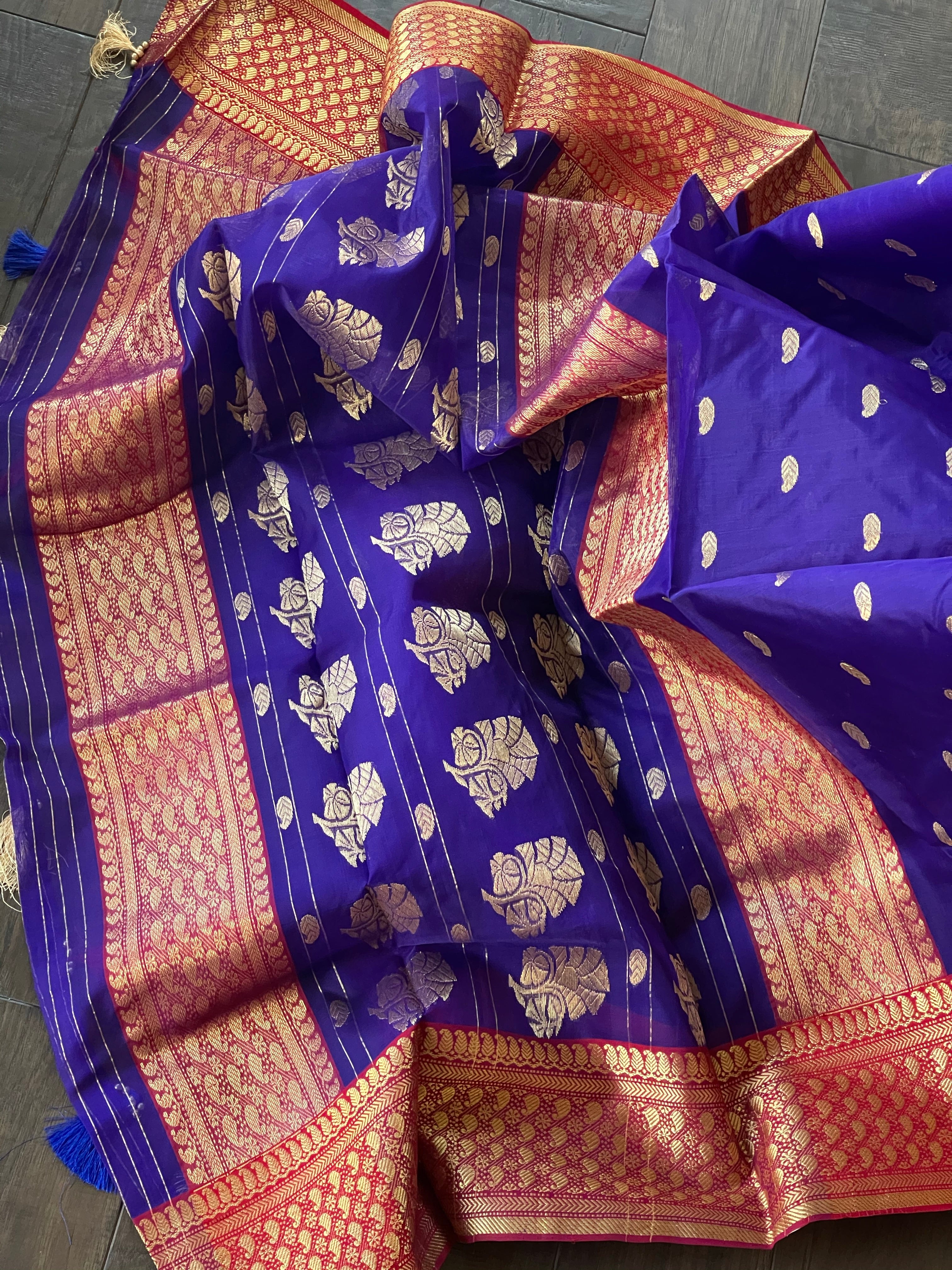 Pure Chanderi Organza Silk - Purplish Blue Red