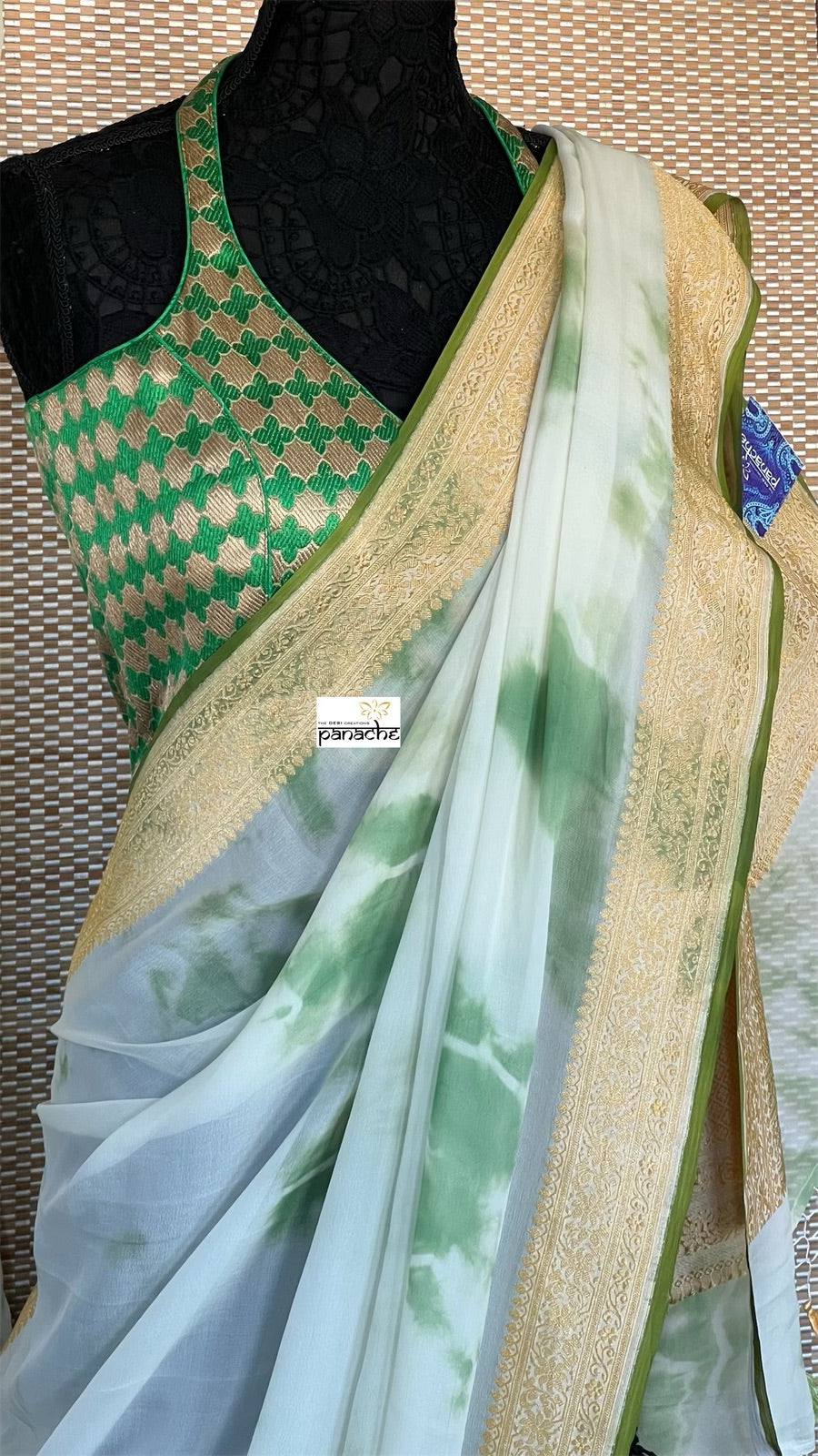 Khaddi Georgette Banarasi - Off-White Green Tie-dye Khadhua Woven
