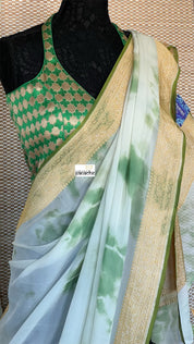 Khaddi Georgette Banarasi - Off-White Green Tie-dye Khadhua Woven