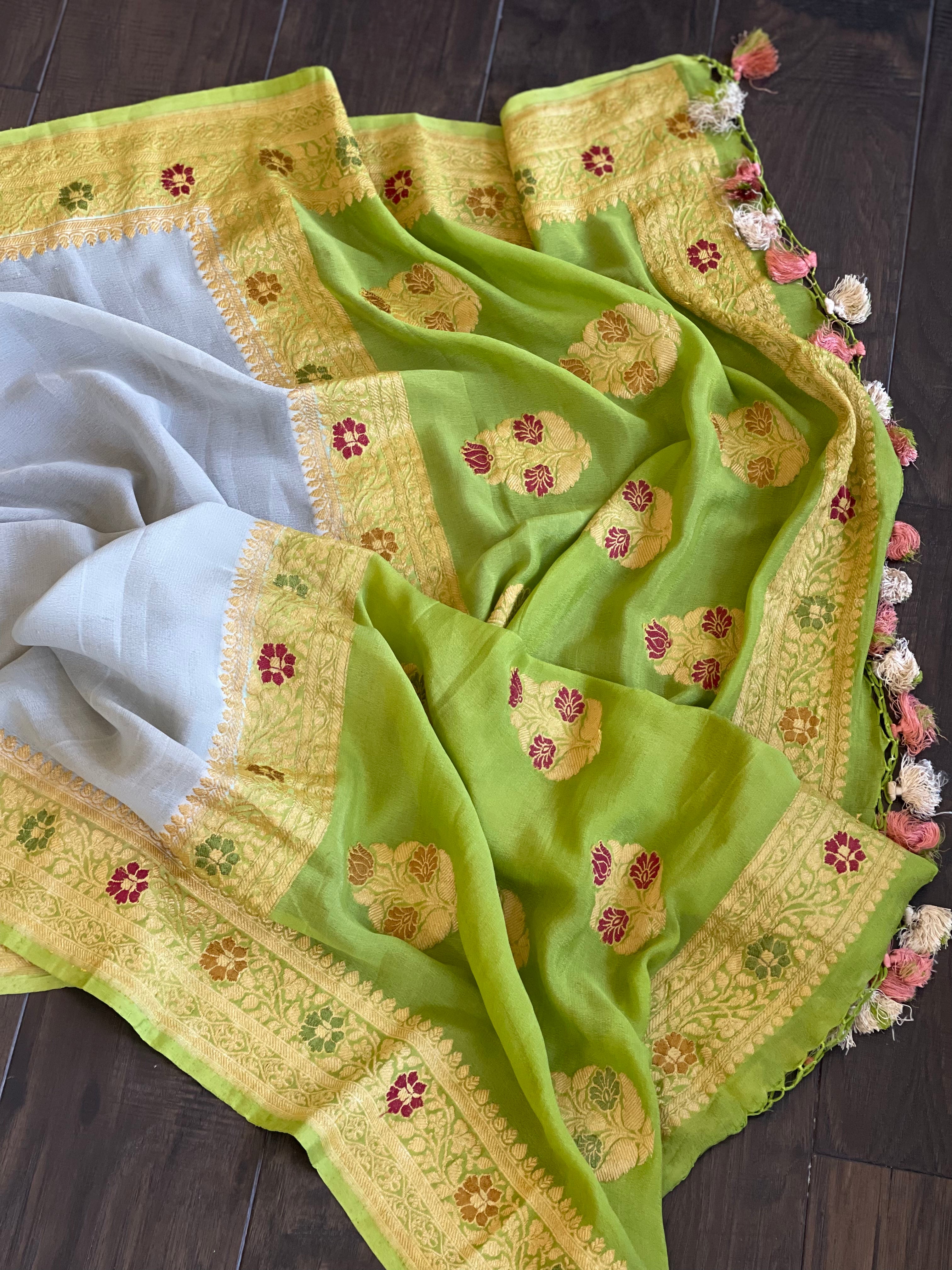 Khaddi Georgette Banarasi - Grey Green Meenakari