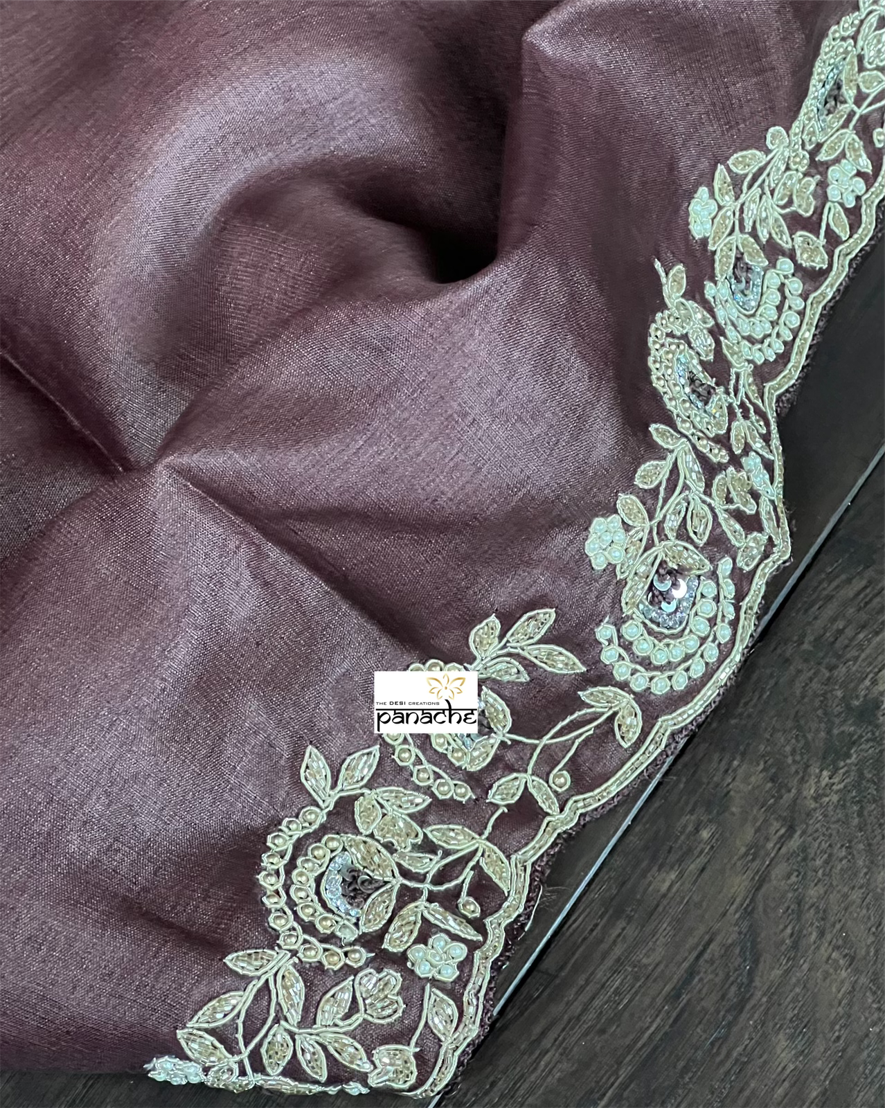 Designer Tussar Silk - Dark Coffee Brown Hand Embroidered