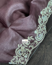 Designer Tussar Silk - Dark Coffee Brown Hand Embroidered