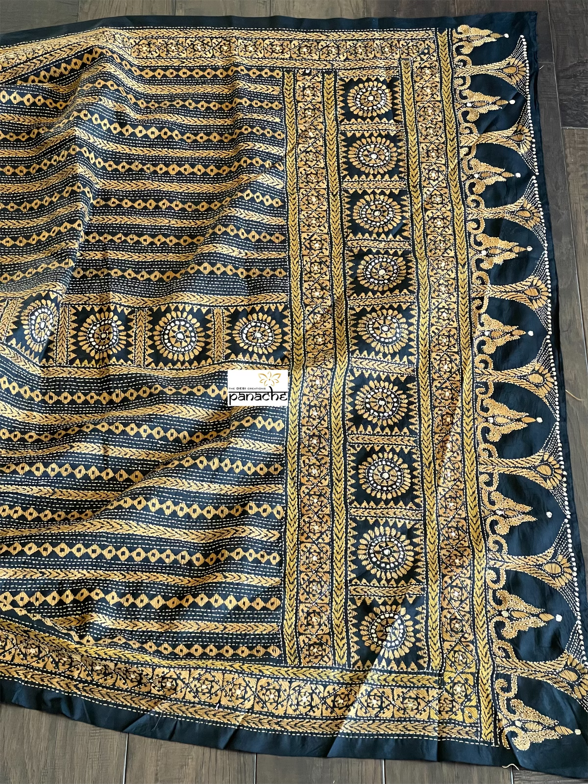 Pure Bangalore Silk Kantha Stitch -  Black Multi Color