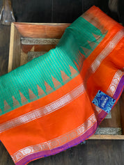 Silk Gadwal - Green Orange Checkered Golden Zari