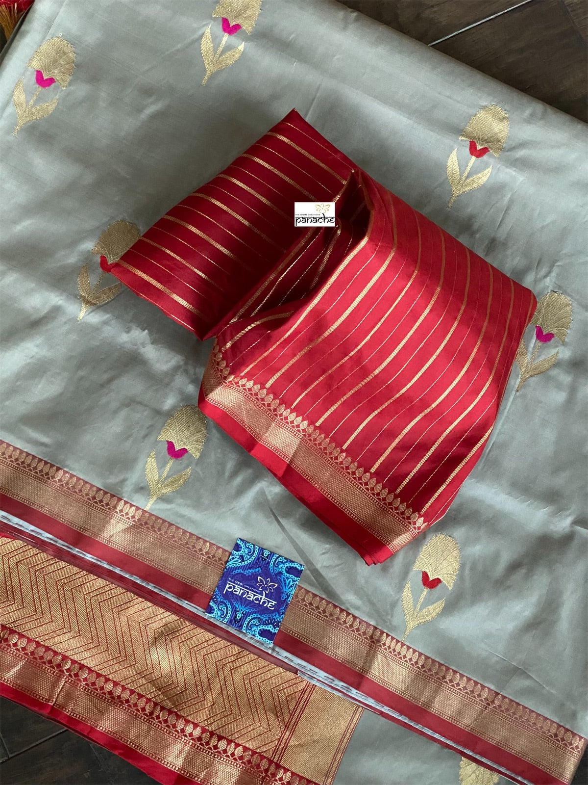 Katan Silk Banarasi - Grey Red Meenakari