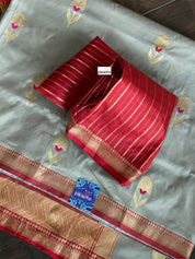 Katan Silk Banarasi - Grey Red Meenakari