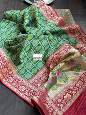 Soft Silk Banarasi - Green Red Woven