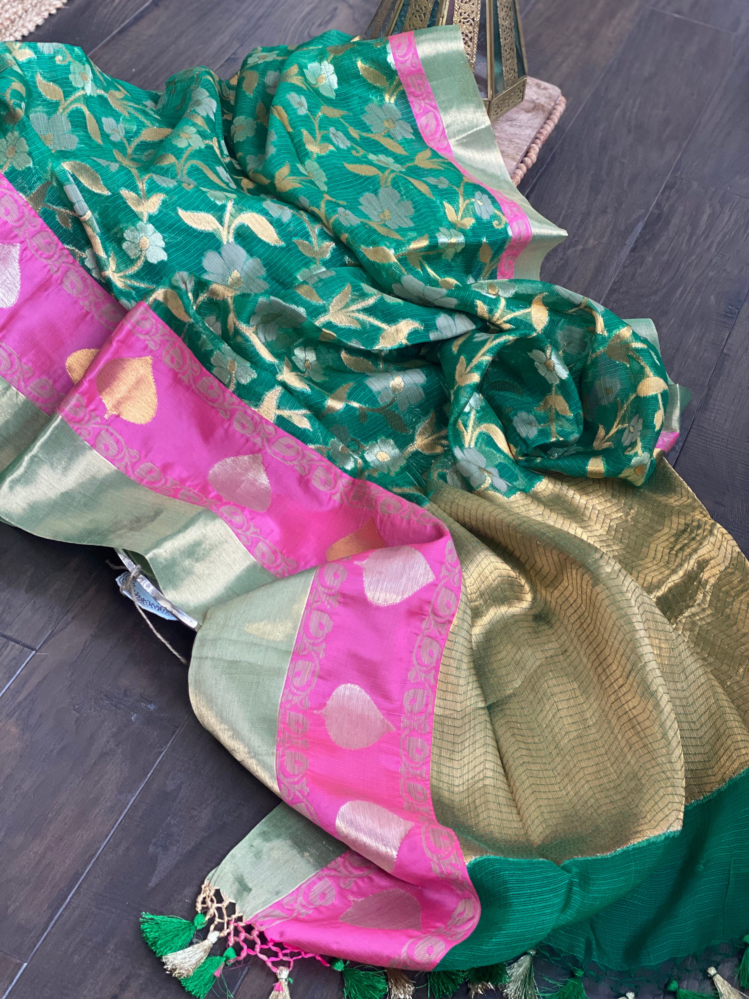 Kota Silk Jangla - Green Pink