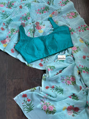Designer Georgette Sequin Floral  - Sea Blue