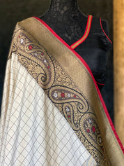 Pure Katan Silk Banarasi - Offwhite Black Checkered Kadwa Woven