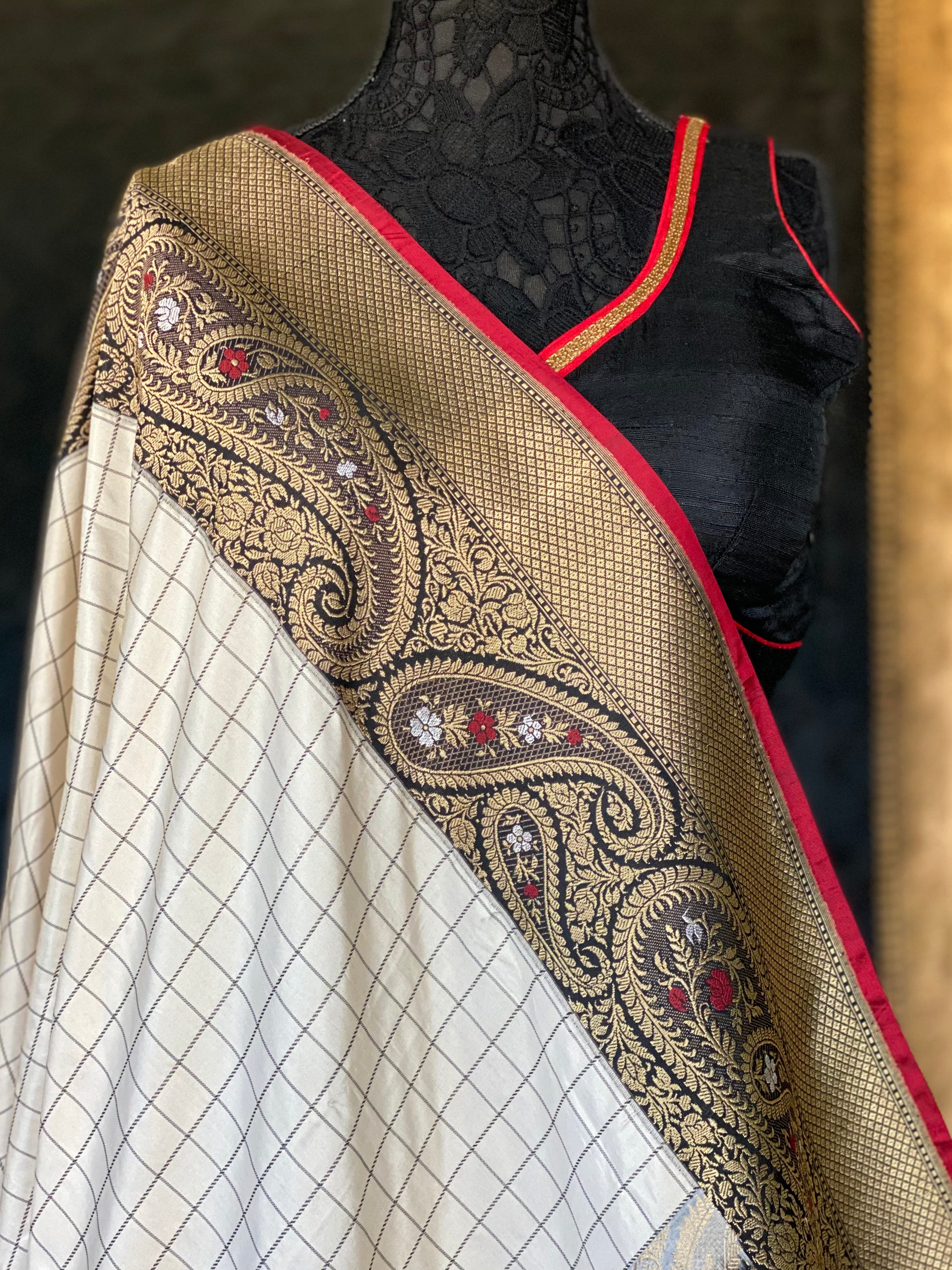 Pure Katan Silk Banarasi - Offwhite Black Checkered Kadwa Woven