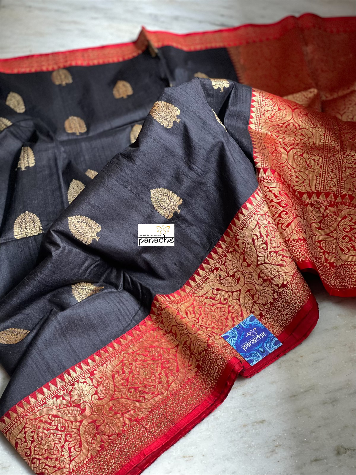 Pure Tussar Silk Banarasi - Black Red