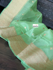 Organza Silk Banarsi - Green Zari Checkered Kadwa