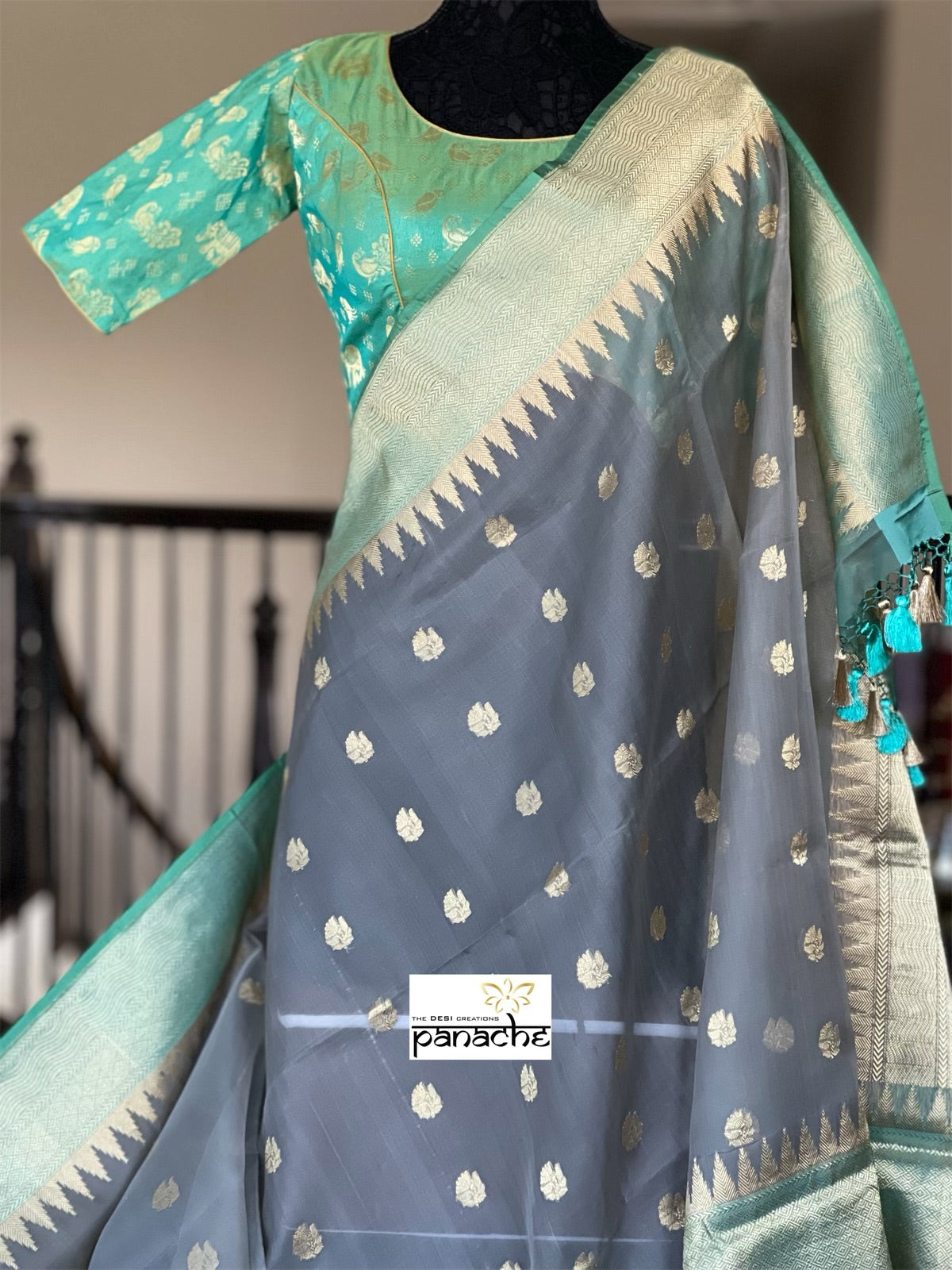 Organza Silk Banarasi - Grey Sea Green Kadwa Motifs