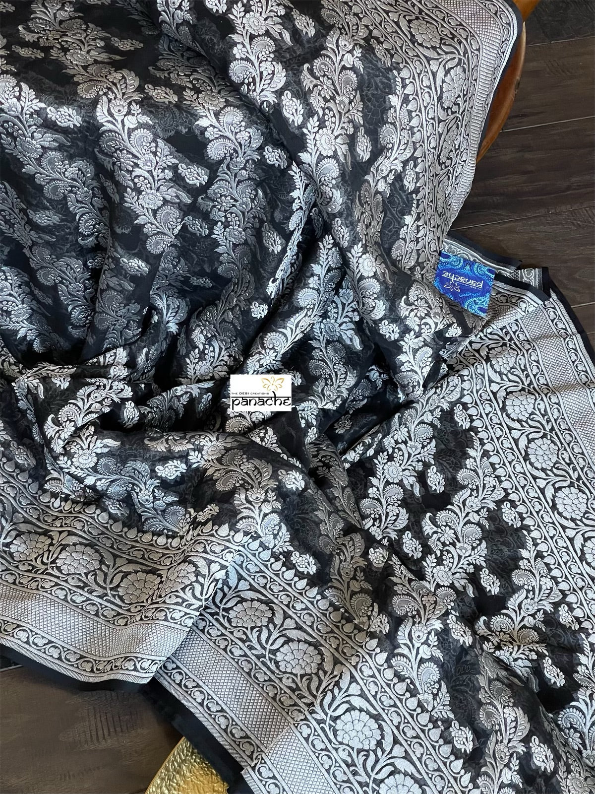 Khaddi Georgette Banarasi - Black Silver Zari