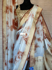 Khaddi Georgette Banarasi - Off-White Rust Brwon Tie-dye Khadhua Woven