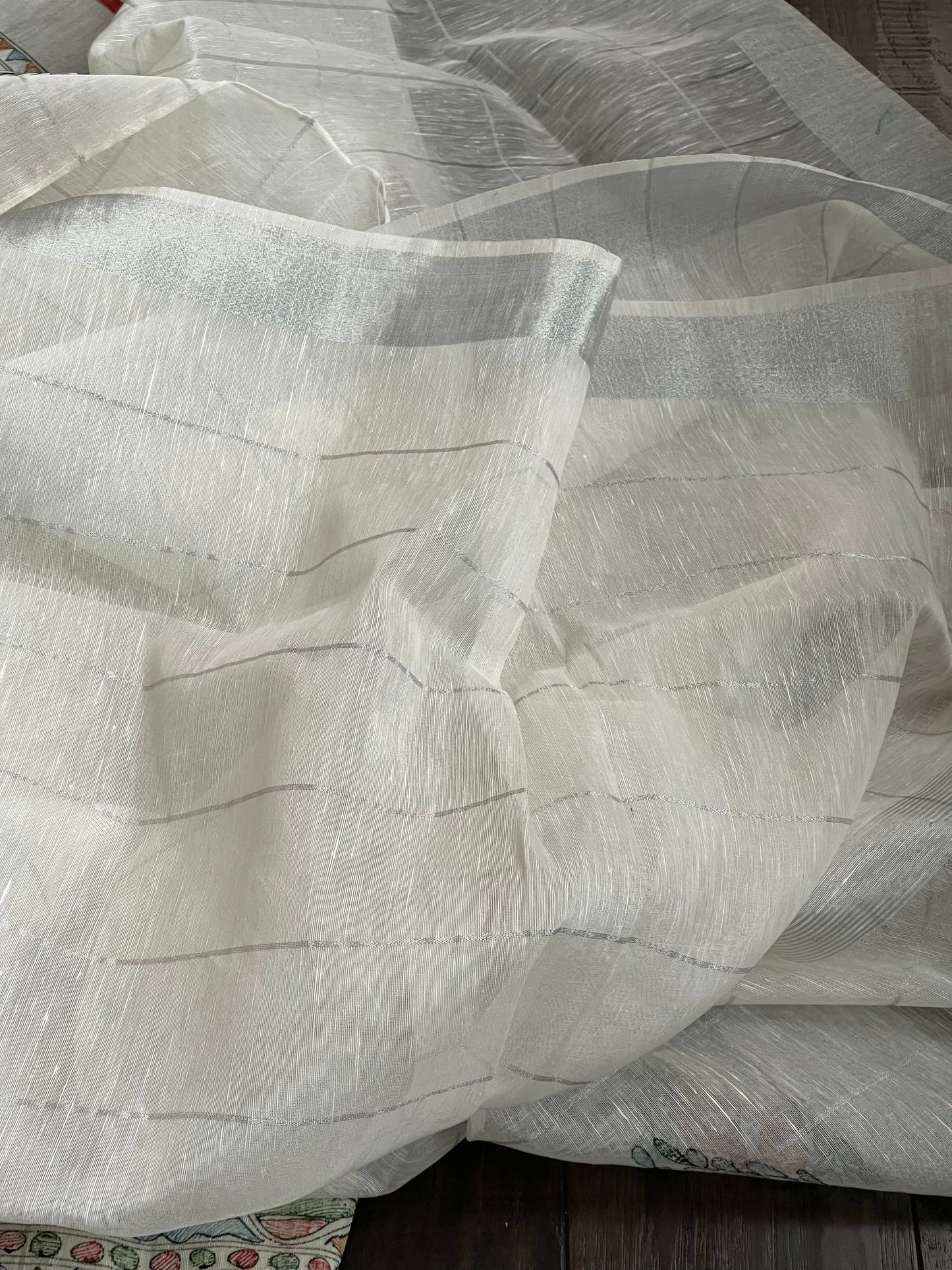 Handloom Silk Linen - White Madhubani printed Checkered
