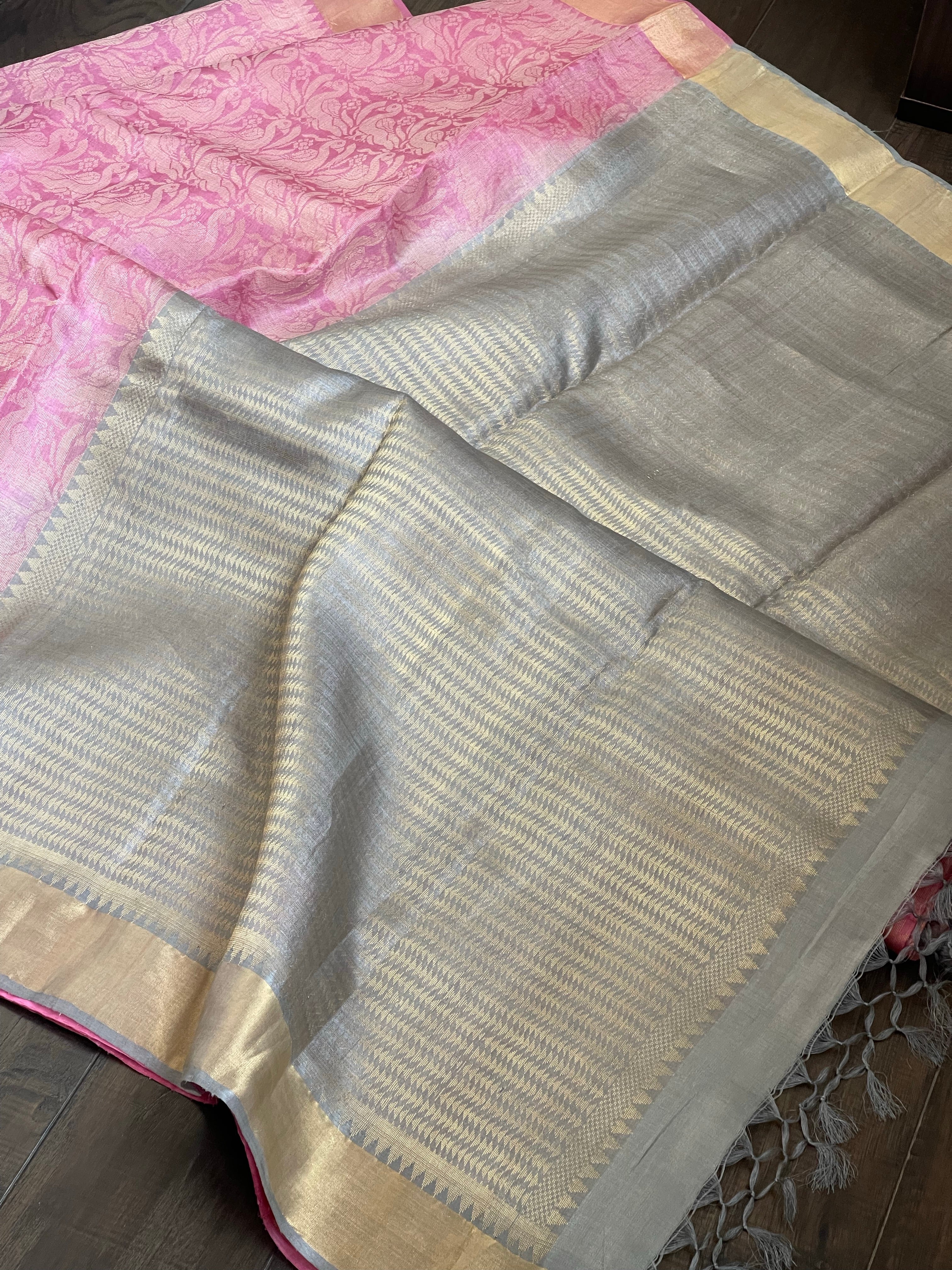 Tussar Silk - Light Pink Grey Resham Woven