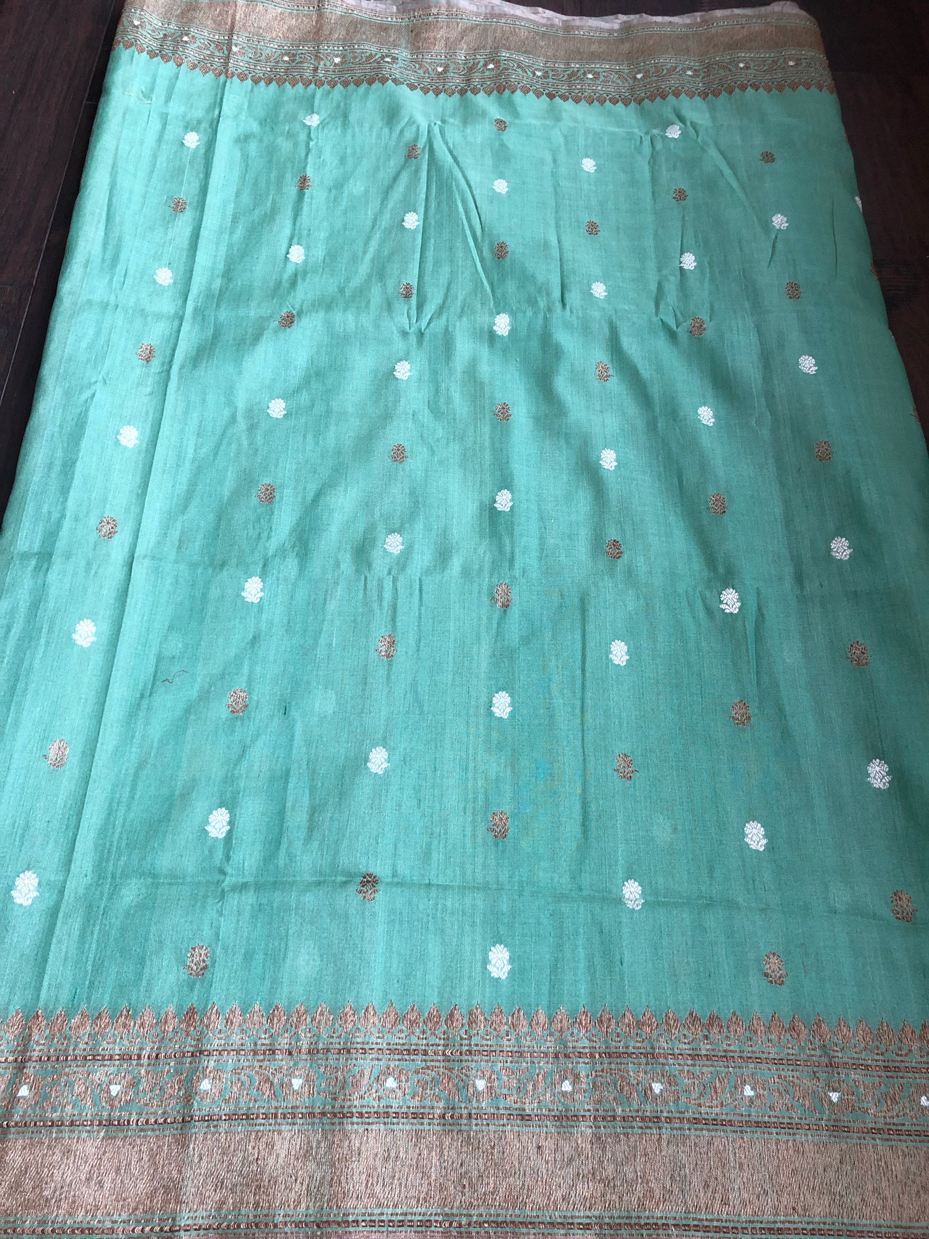 Pure Tassur Silk Banarasi - Light Teal Green Antique Zari