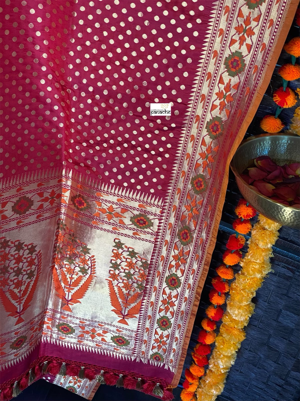Silk Banarasi - Red Rusty Orange Paithani border