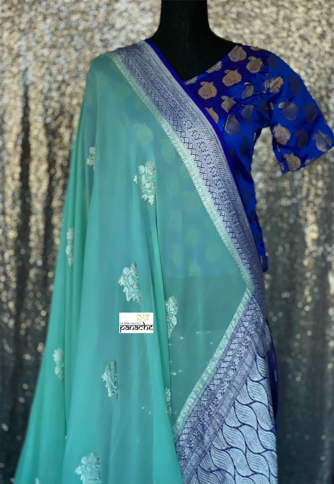 Chiffon Georgette Silk Banarasi - Mint Green Purplish blue