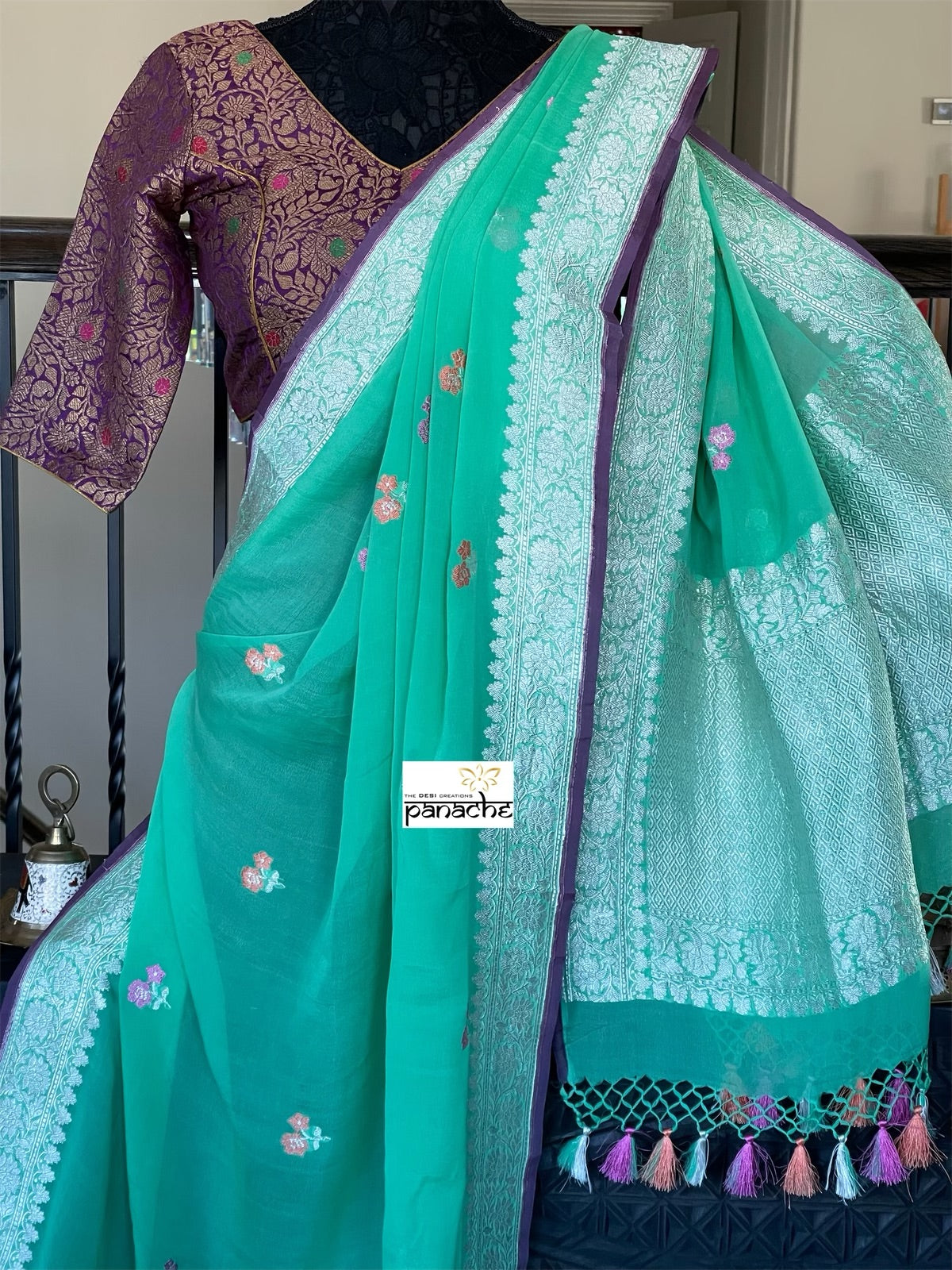 Khaddi Georgette Banarasi - Green Purple Khadhua Woven