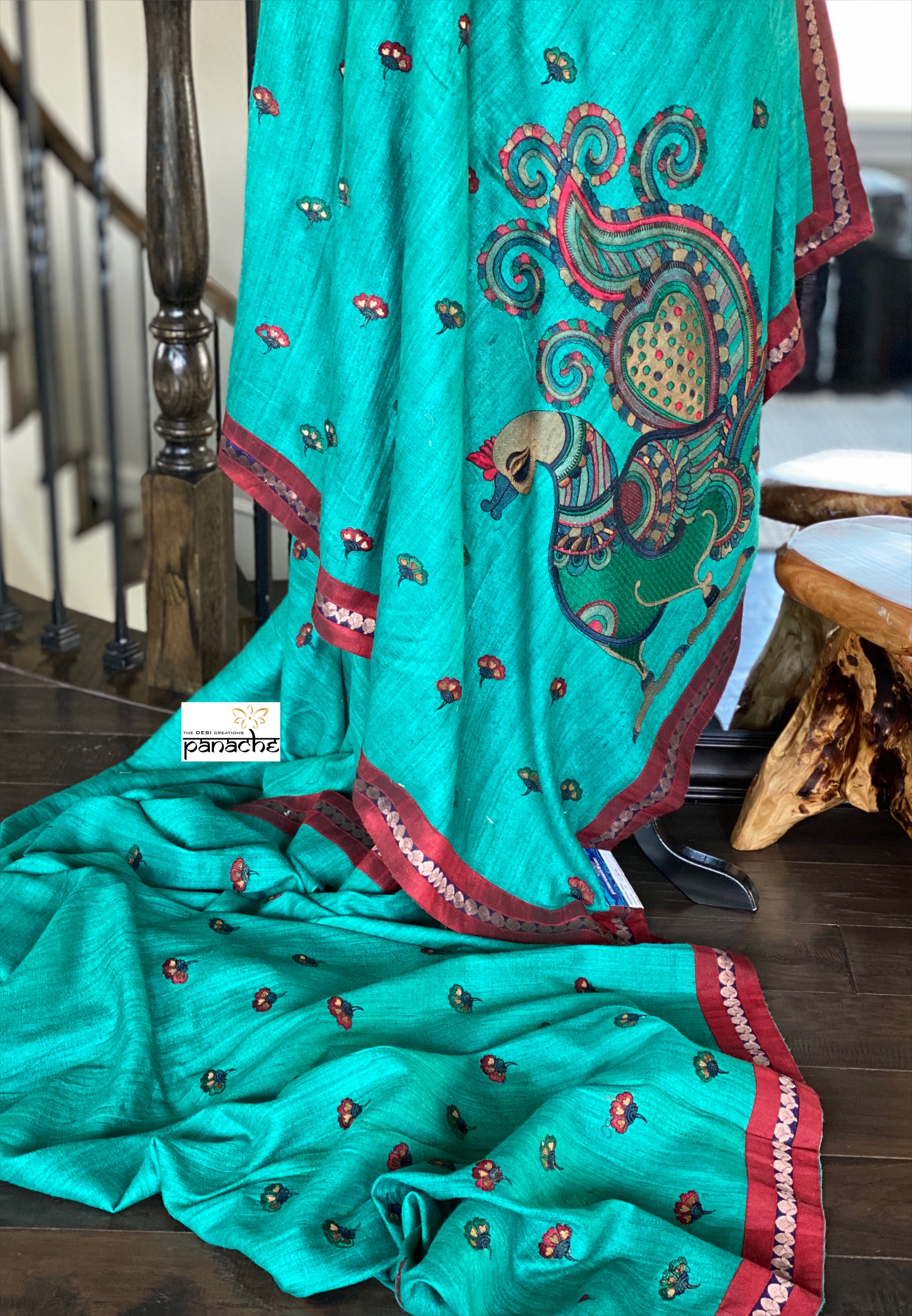 Designer Tussar Gicha Silk - Teal Green Peacock embroidered