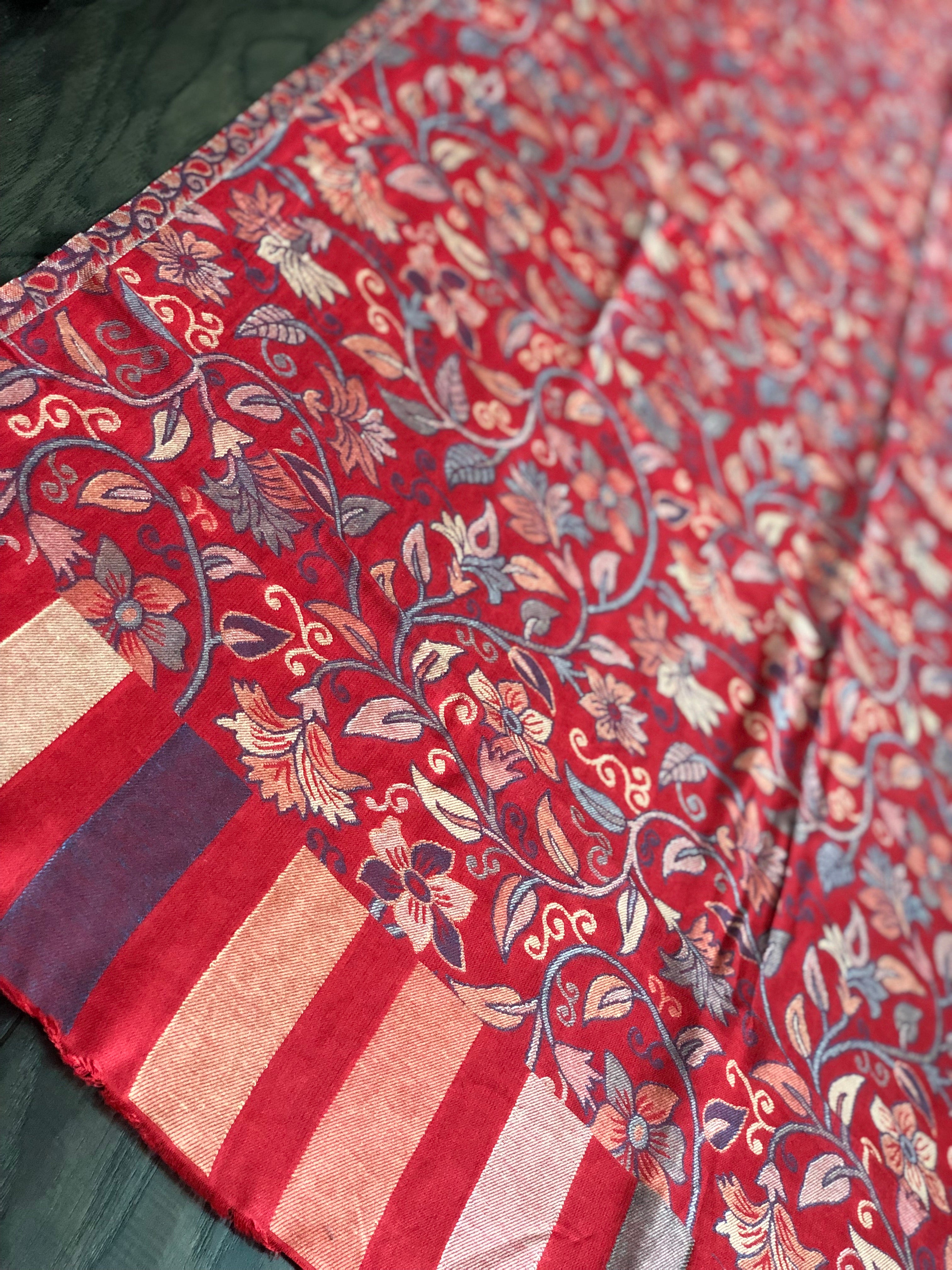 Kashmiri Semi Pashmina Stole - Red Multi 1 Resham Woven