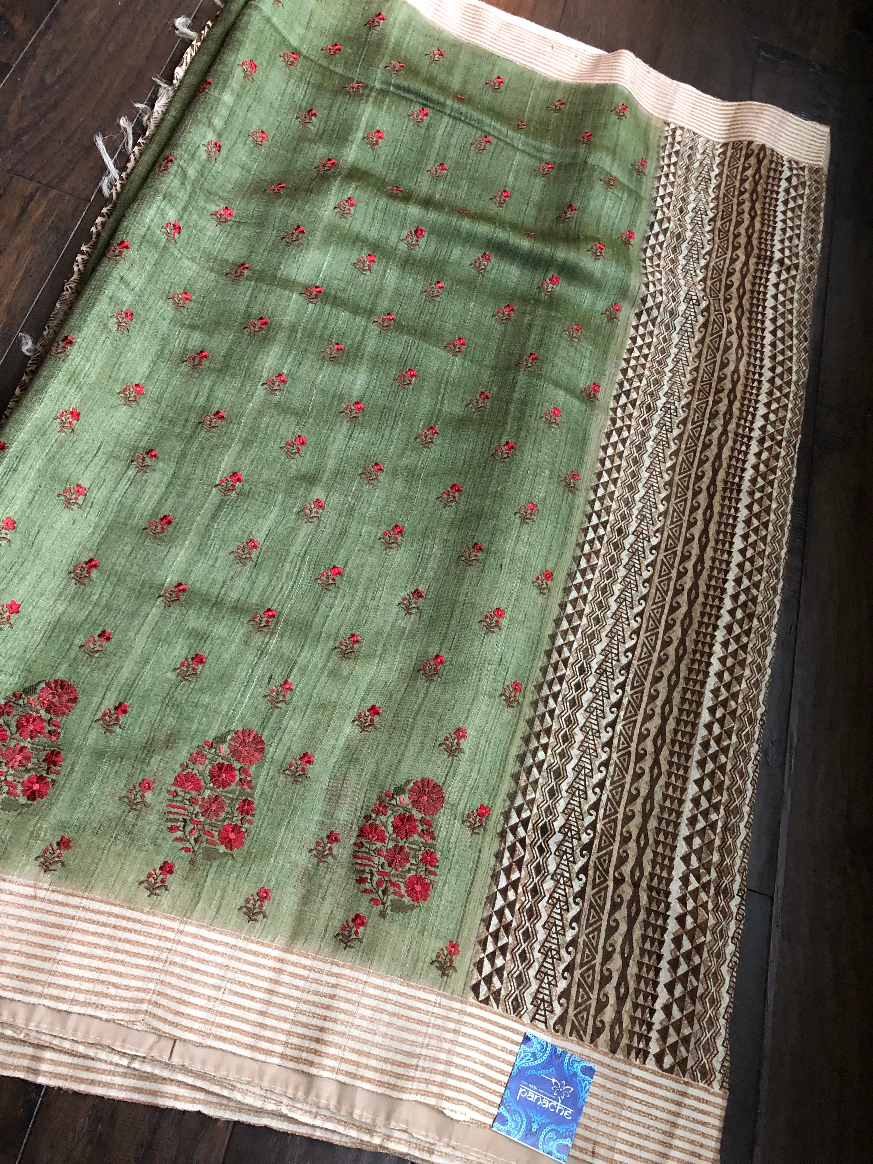 Tussar Silk - Moss Green Embroidered
