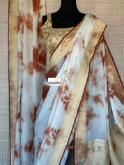 Khaddi Georgette Banarasi - Off-White Rust Brwon Tie-dye Khadhua Woven