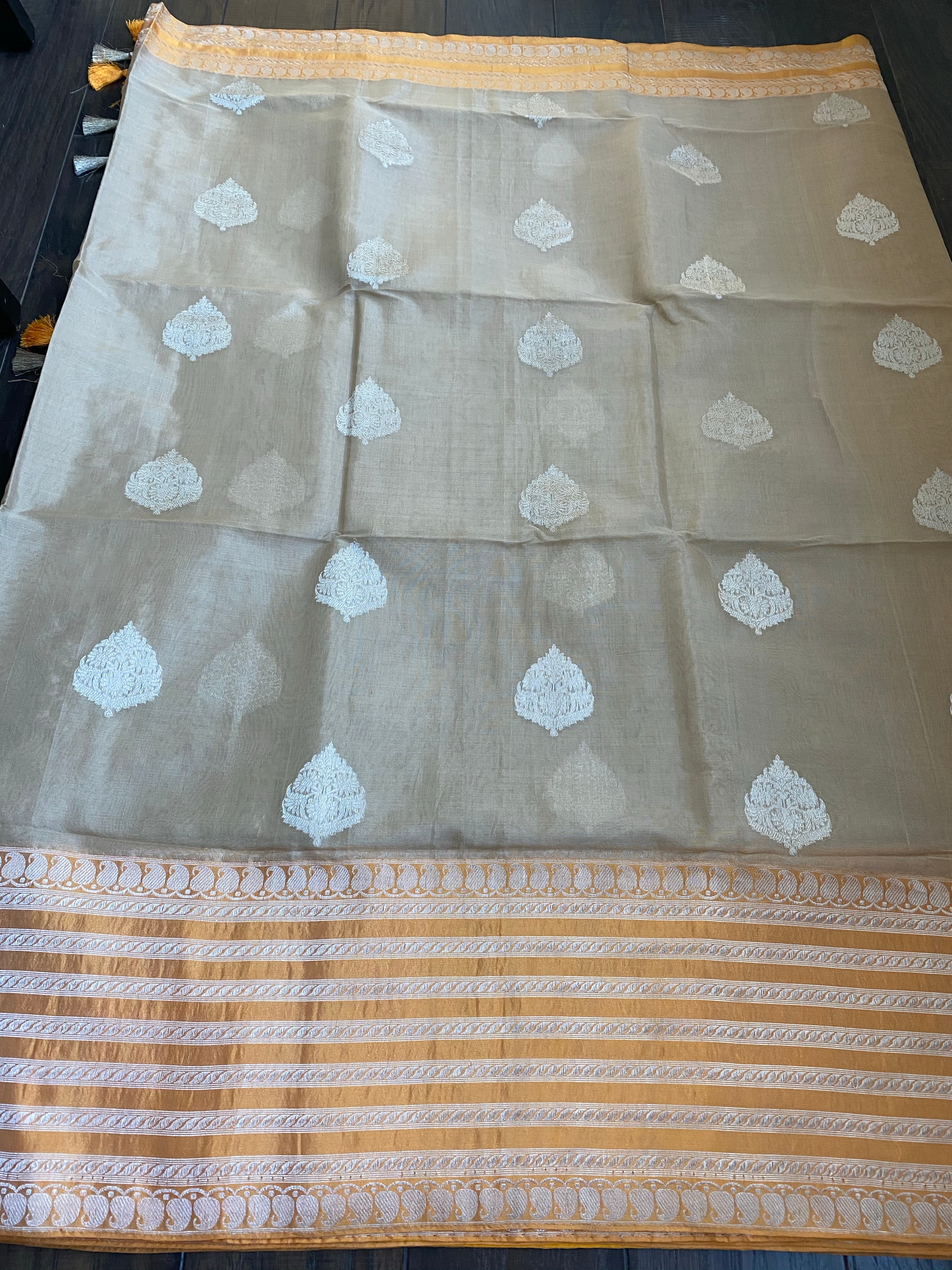 Organza Silk Banarasi - Tan Beige Orange Kadwa Motifs