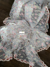 Designer Organza - Off-white Maroon Hand embroidered