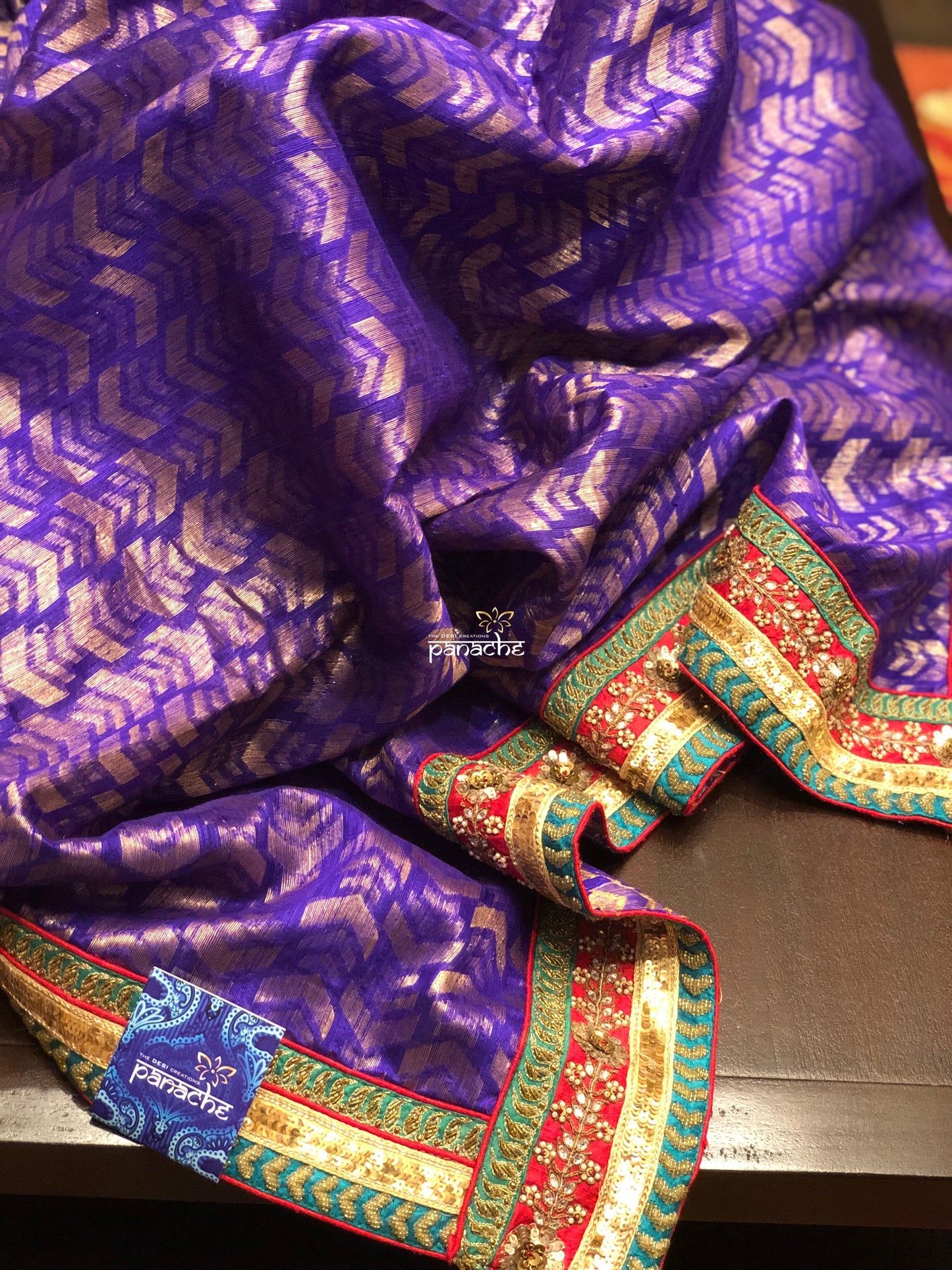 Designer Tussar Silk - Purple Golden Half Half