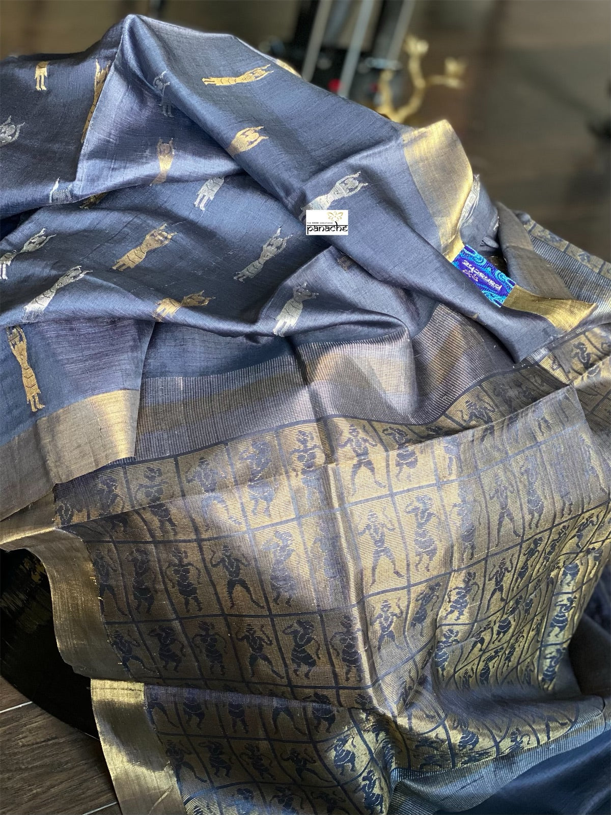 Tussar Silk - Metallic Blue Grey Resham Zari Woven