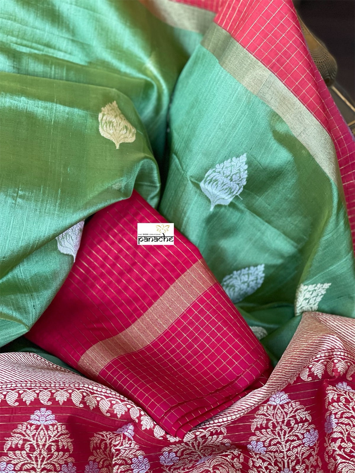 Tussar Silk Banarasi - Green Red Zari checkered