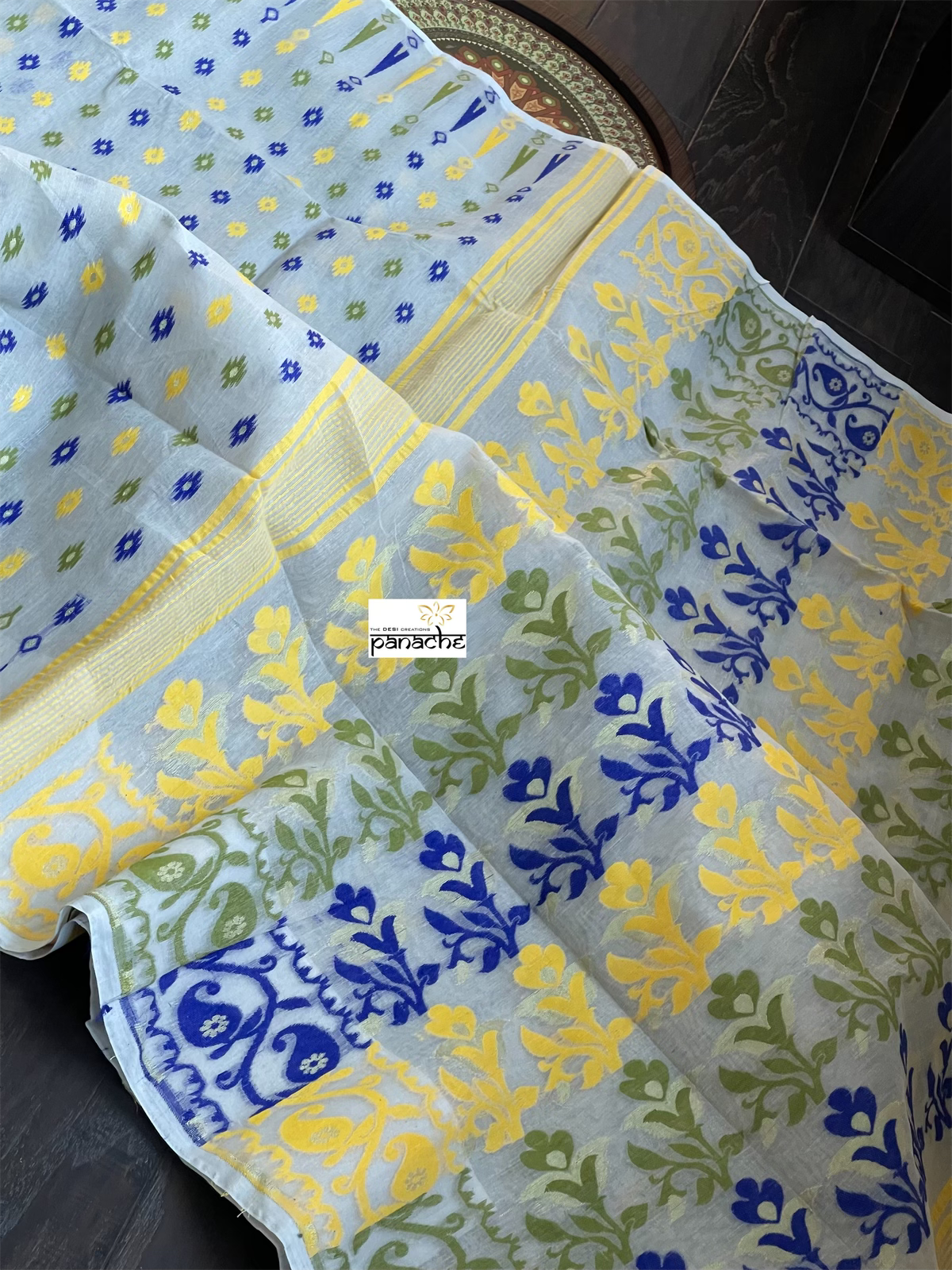 Jamdaani  - Off White Blue Yellow