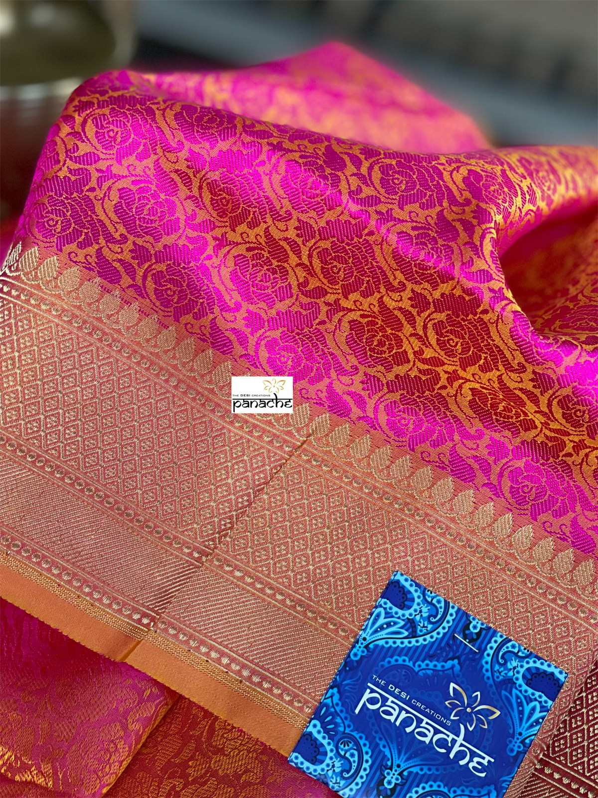 Katan Silk Tanchui Banarasi - Magenta Pink Antique Zari
