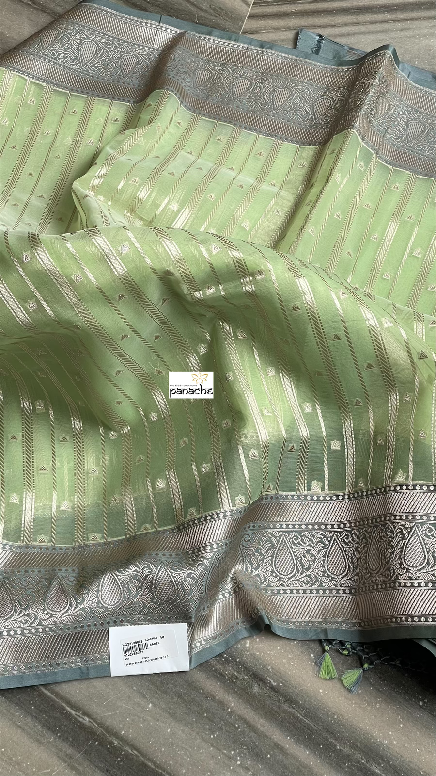 Kora Silk Banaras Chanderi - Pista Green Grey