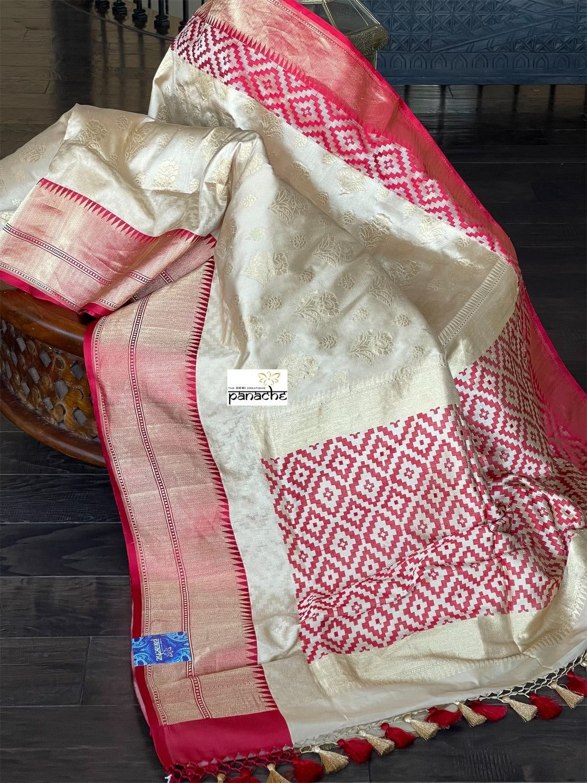 Pure Katan Silk Banarasi - Golden Beige Red Kadwa woven