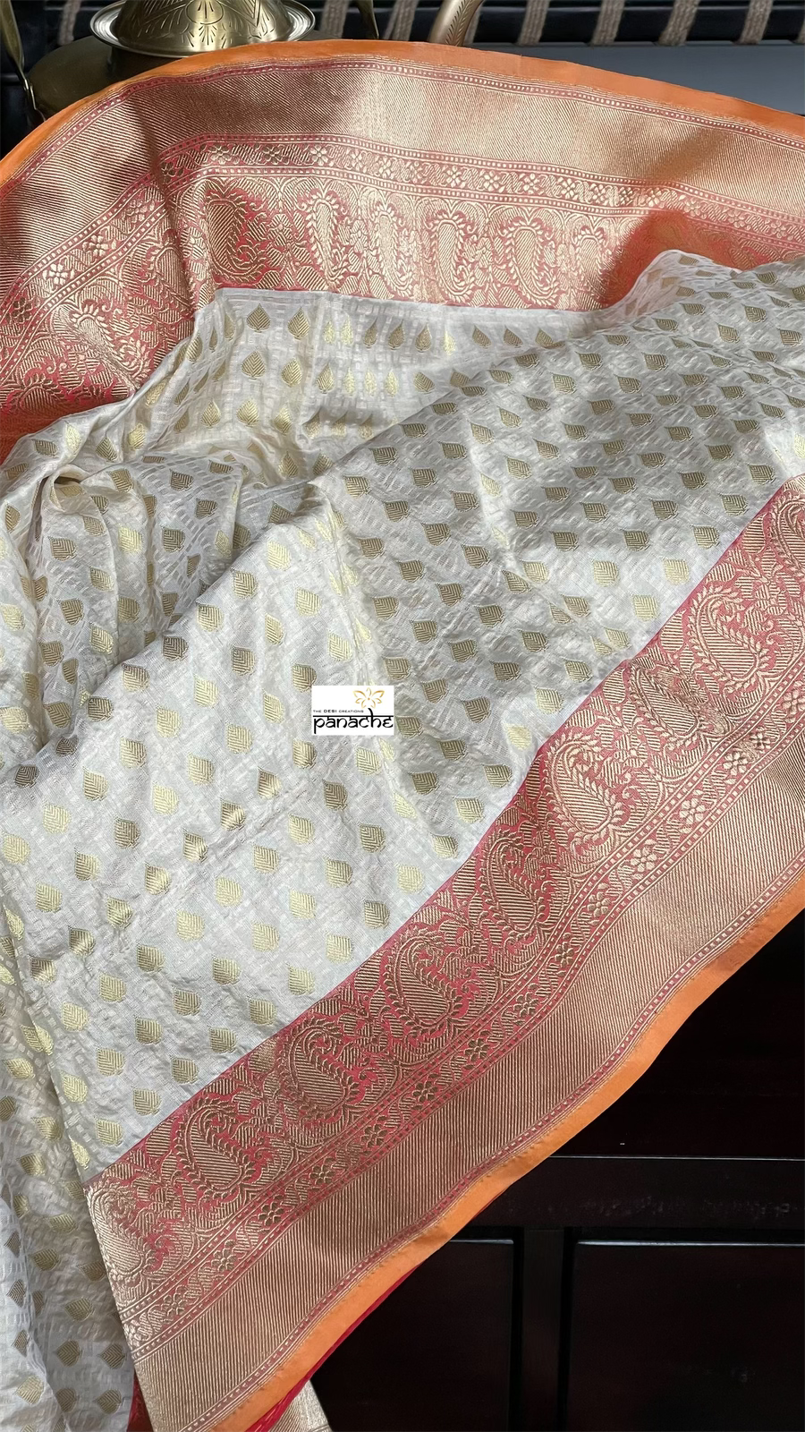 Pure Silk Katan Banarasi- Off-White Checkered