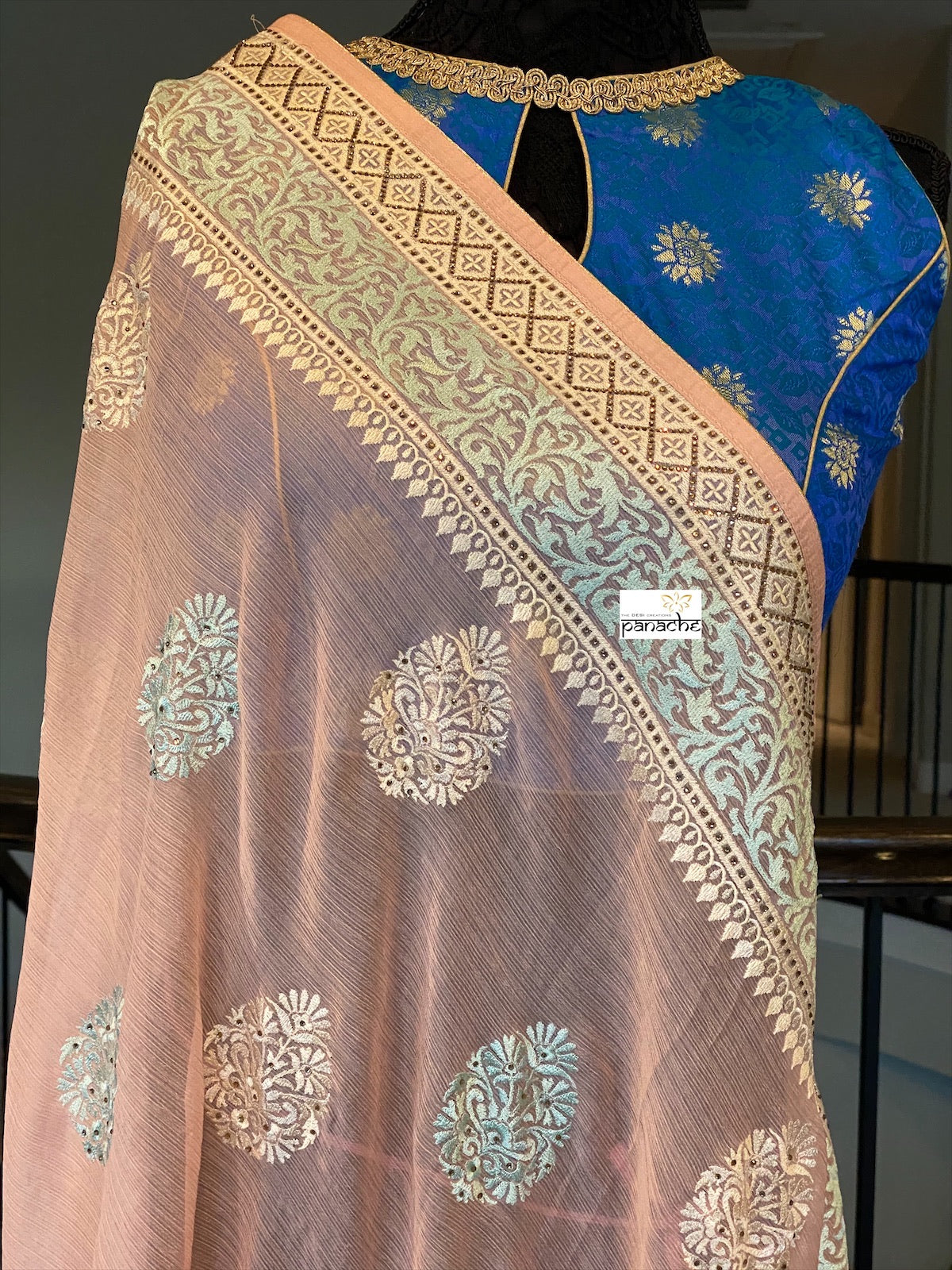 Designer Blouse - Blue Zari Flower Motif